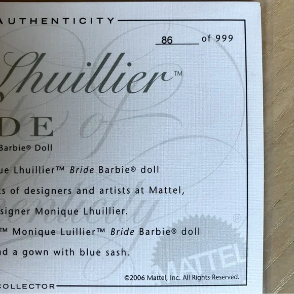 MONIQUE LHUILLIER Platinum Label Blonde Bride Barbie Collector Doll 2006 NIB - Picture 16 of 16